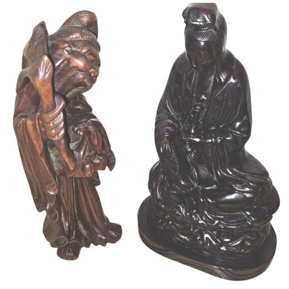 2 Vintage Asian Sculptures 6" Wood Heavy Folk Art Japanese Chinese Lotus READ - Picture 1 of 10